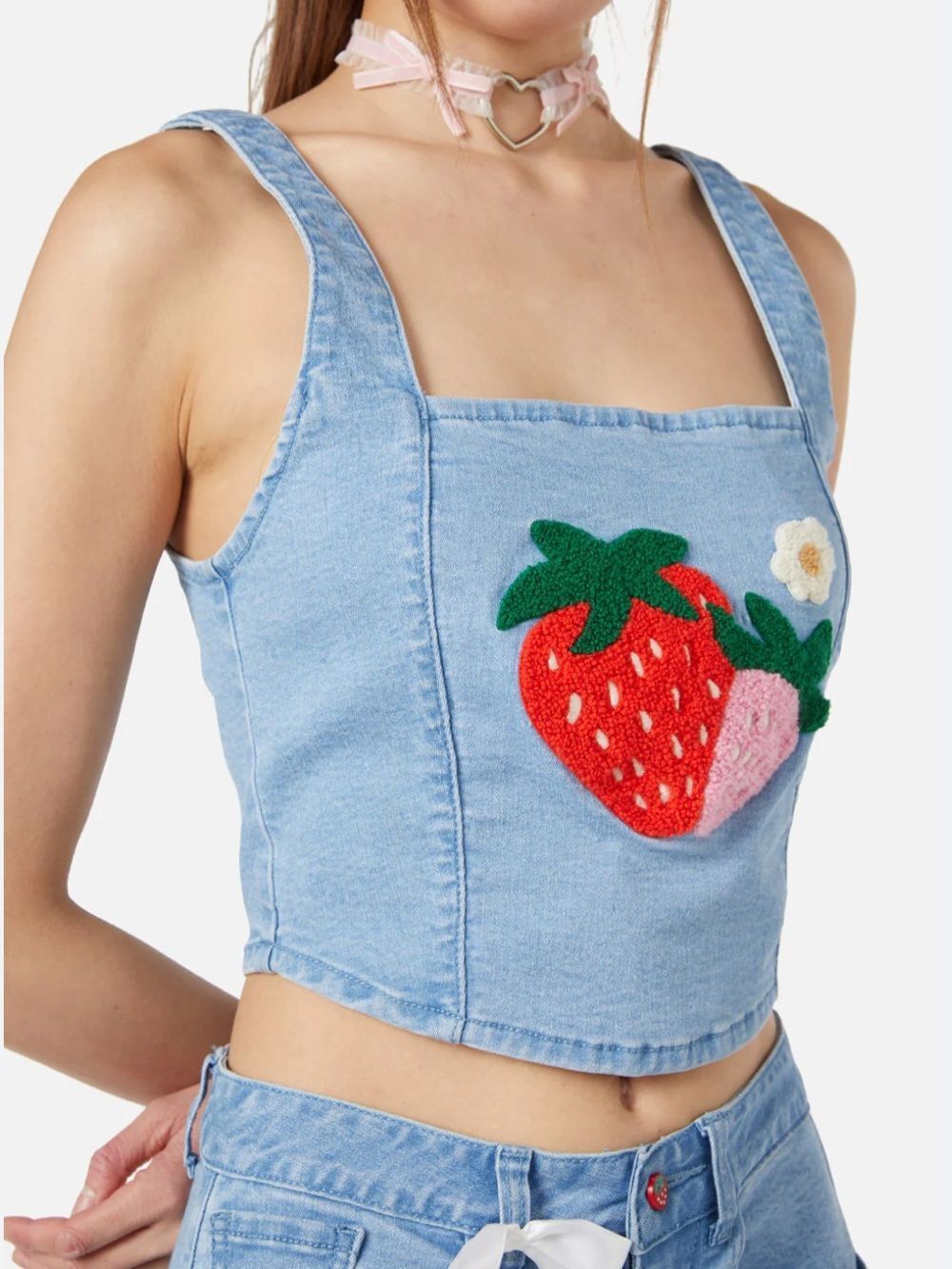Dangerfield Denim Strawberry Patch Crop Top - Blue with Red & Pink size 20